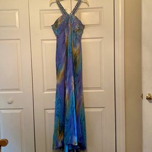 Multicolored, purple, gold, green, Sequence top high neck no slits, not altered